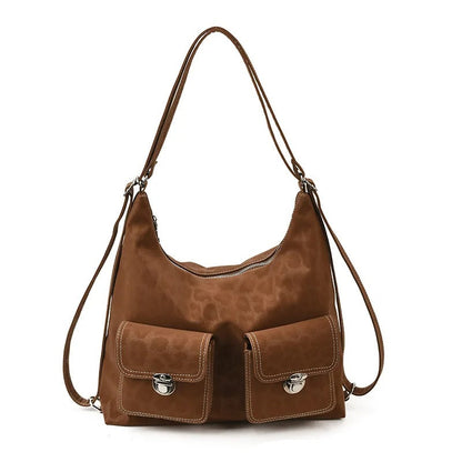 Retro Leather Shoulder Bag with Twin Front Pockets and Silver Hardware