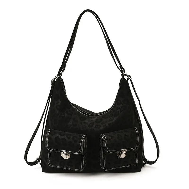 Retro Leather Shoulder Bag with Twin Front Pockets and Silver Hardware