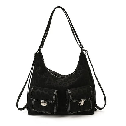 Retro Leather Shoulder Bag with Twin Front Pockets and Silver Hardware
