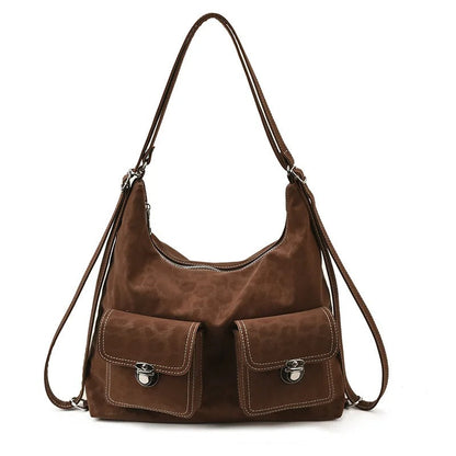 Retro Leather Shoulder Bag with Twin Front Pockets and Silver Hardware