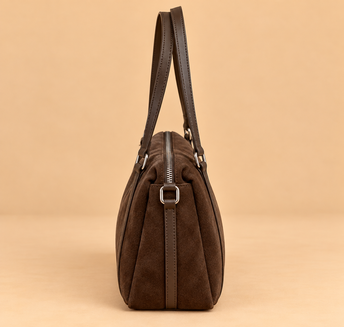 Retro Suede Shoulder Bag with Zip Top and Contrast Trim