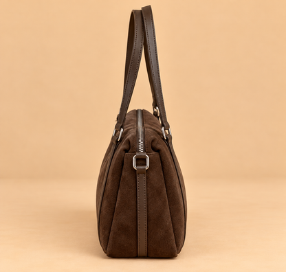 Retro Suede Shoulder Bag with Zip Top and Contrast Trim