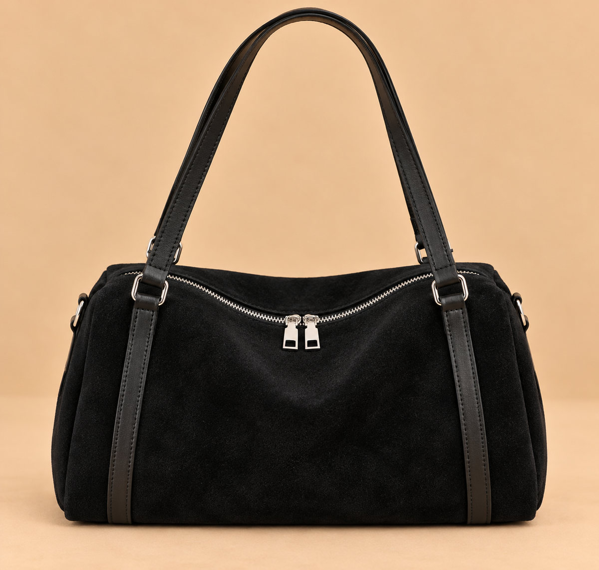 Retro Suede Shoulder Bag with Zip Top and Contrast Trim