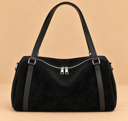 Retro Suede Shoulder Bag with Zip Top and Contrast Trim