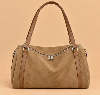 Retro Suede Shoulder Bag with Zip Top and Contrast Trim