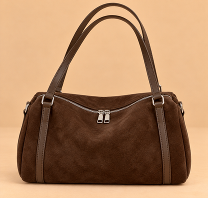 Retro Suede Shoulder Bag with Zip Top and Contrast Trim