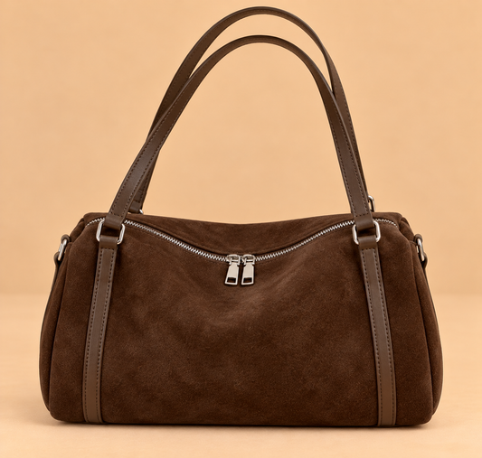 Retro Suede Shoulder Bag with Zip Top and Contrast Trim