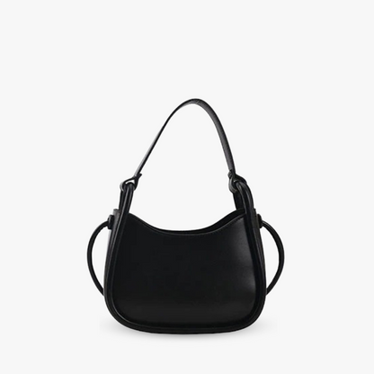 Sleek Black Leather Shoulder Bag with Curved Base