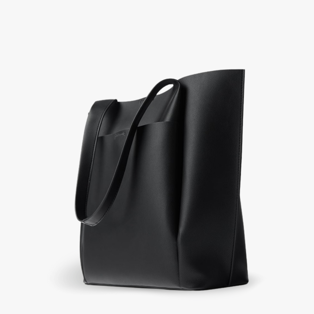 Sleek Black Leather Tote Bag with Front Pocket