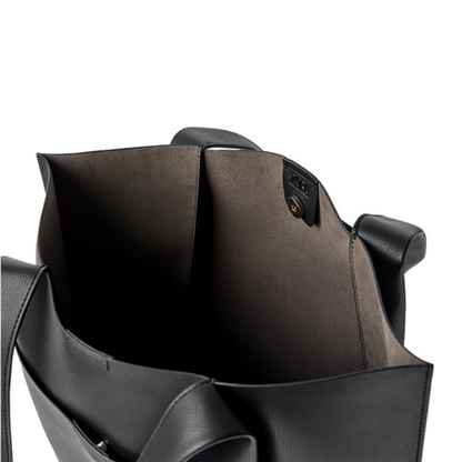 Sleek Black Leather Tote Bag with Front Pocket