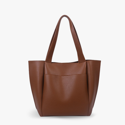 Sleek Black Leather Tote Bag with Front Pocket