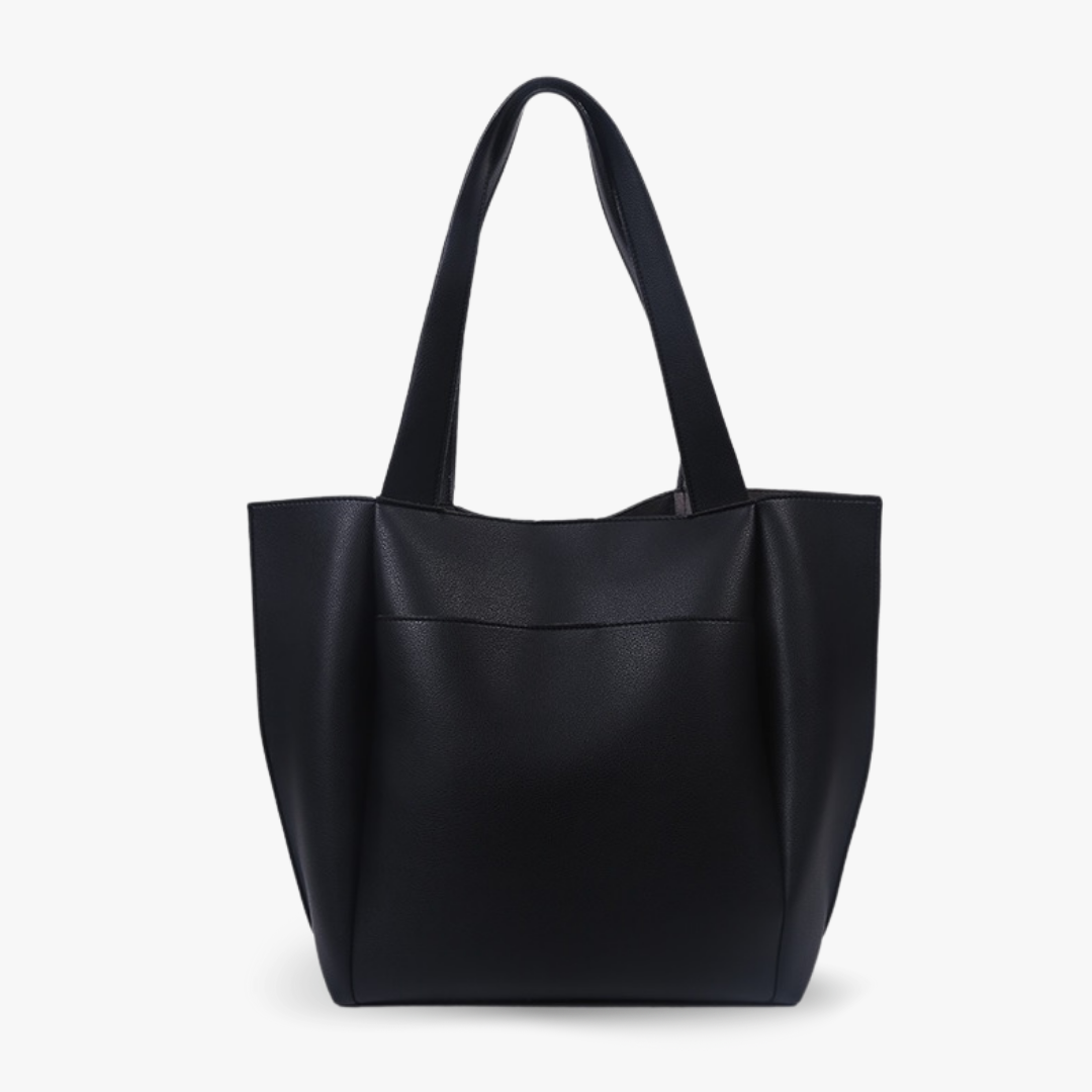 Sleek Black Leather Tote Bag with Front Pocket