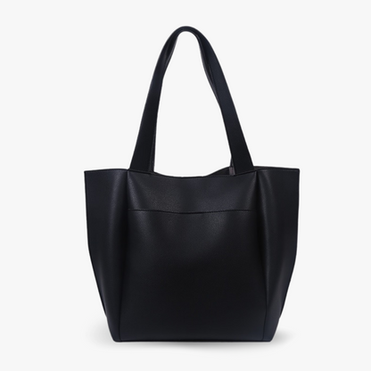 Sleek Black Leather Tote Bag with Front Pocket