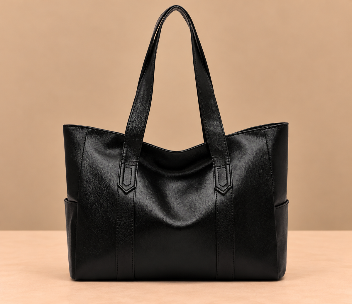 Sleek Leather Tote Bag with Side Pockets