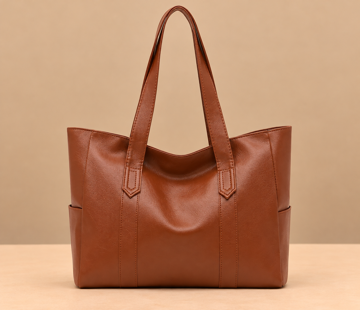 Sleek Leather Tote Bag with Side Pockets