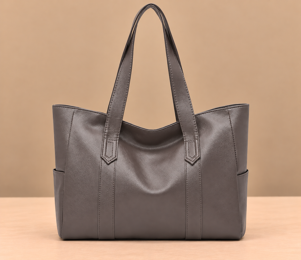 Sleek Leather Tote Bag with Side Pockets