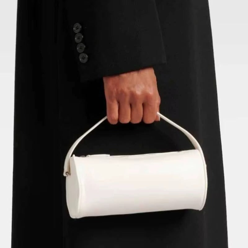 Sleek White Leather Cylinder Shoulder Bag with Top Handle