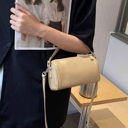 Sleek White Leather Cylinder Shoulder Bag with Top Handle