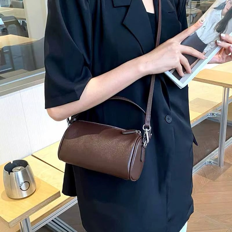 Sleek White Leather Cylinder Shoulder Bag with Top Handle