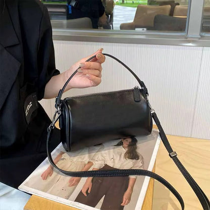 Sleek White Leather Cylinder Shoulder Bag with Top Handle