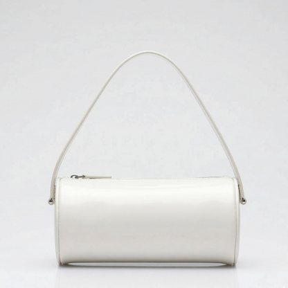 Sleek White Leather Cylinder Shoulder Bag with Top Handle