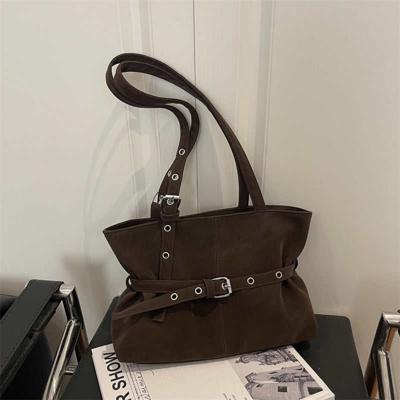 Slouchy Leather Shoulder Bag with Belt Buckle and Silver Hardware