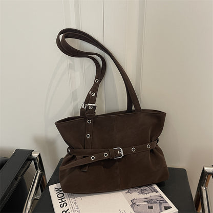 Slouchy Leather Shoulder Bag with Belt Buckle and Silver Hardware