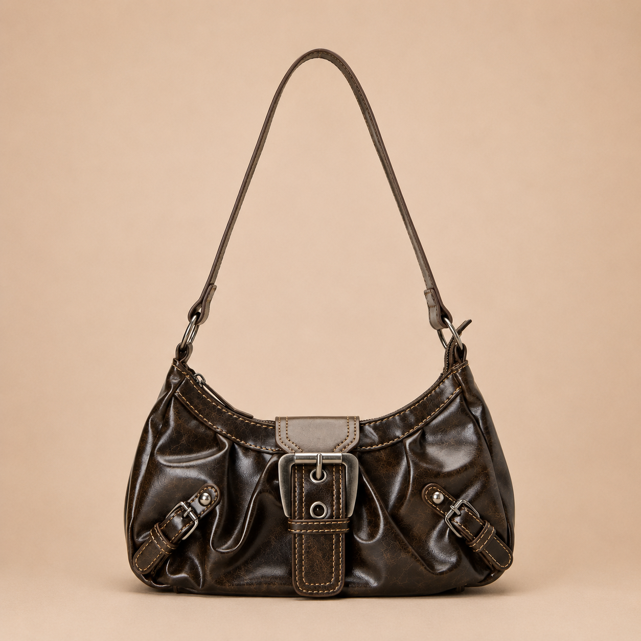 Slouchy Leather Shoulder Bag with Buckle Detail