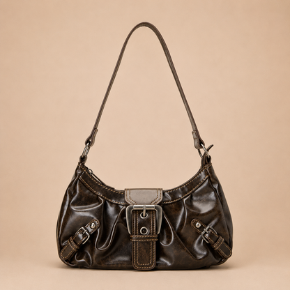 Slouchy Leather Shoulder Bag with Buckle Detail