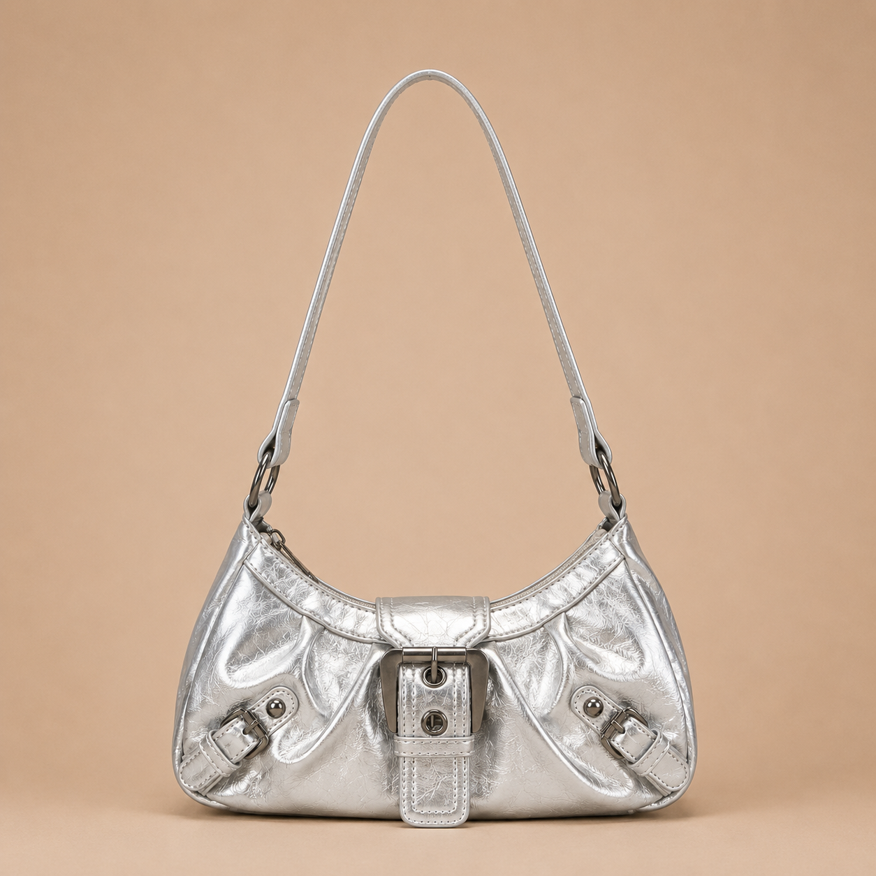 Slouchy Leather Shoulder Bag with Buckle Detail