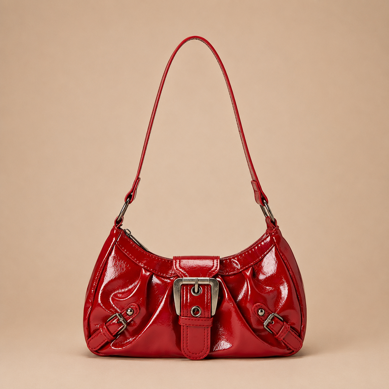 Slouchy Leather Shoulder Bag with Buckle Detail
