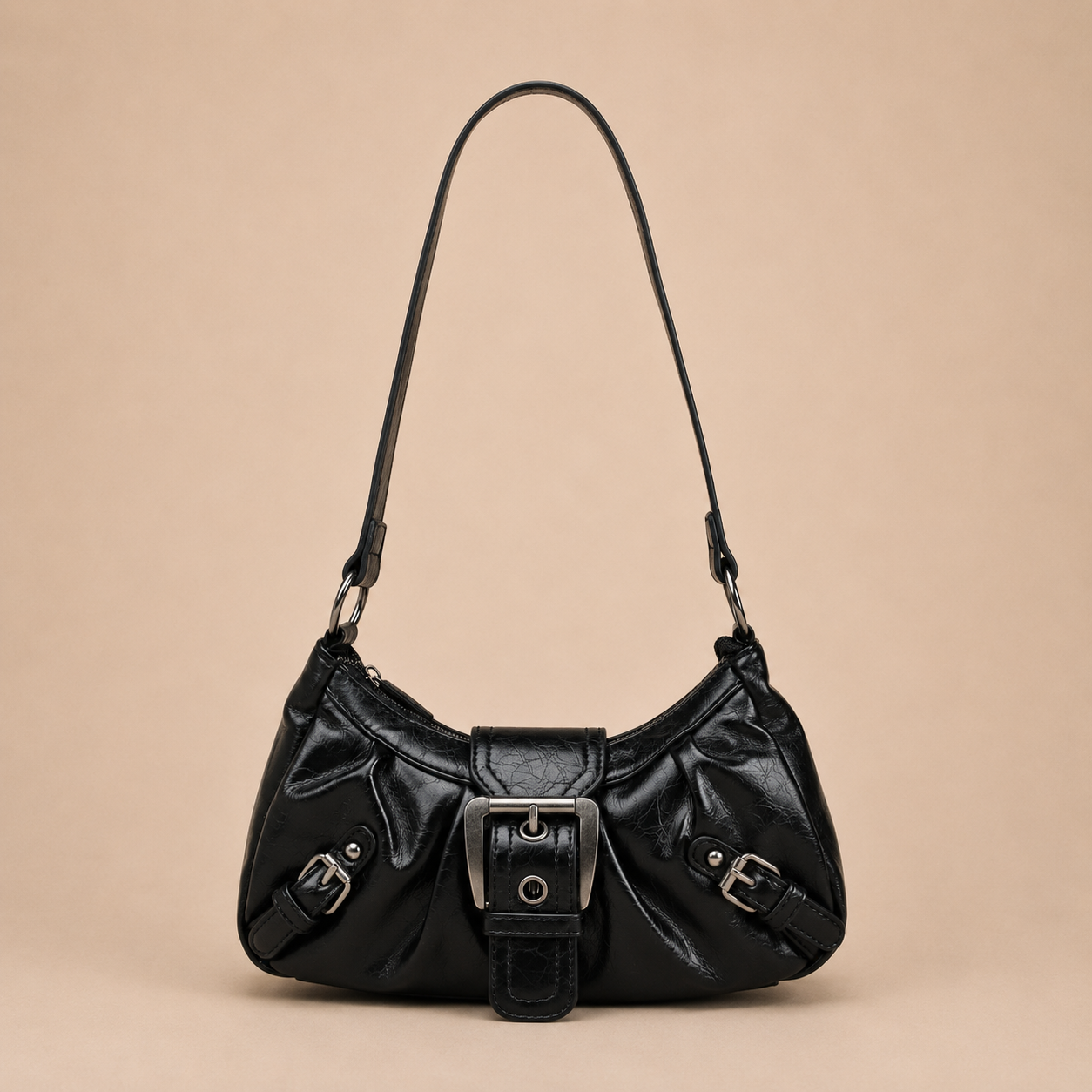 Slouchy Leather Shoulder Bag with Buckle Detail