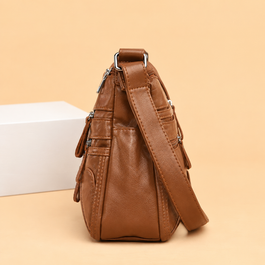 Soft Leather Crossbody Bag with Multiple Zip Pockets