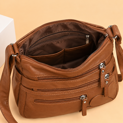 Soft Leather Crossbody Bag with Multiple Zip Pockets