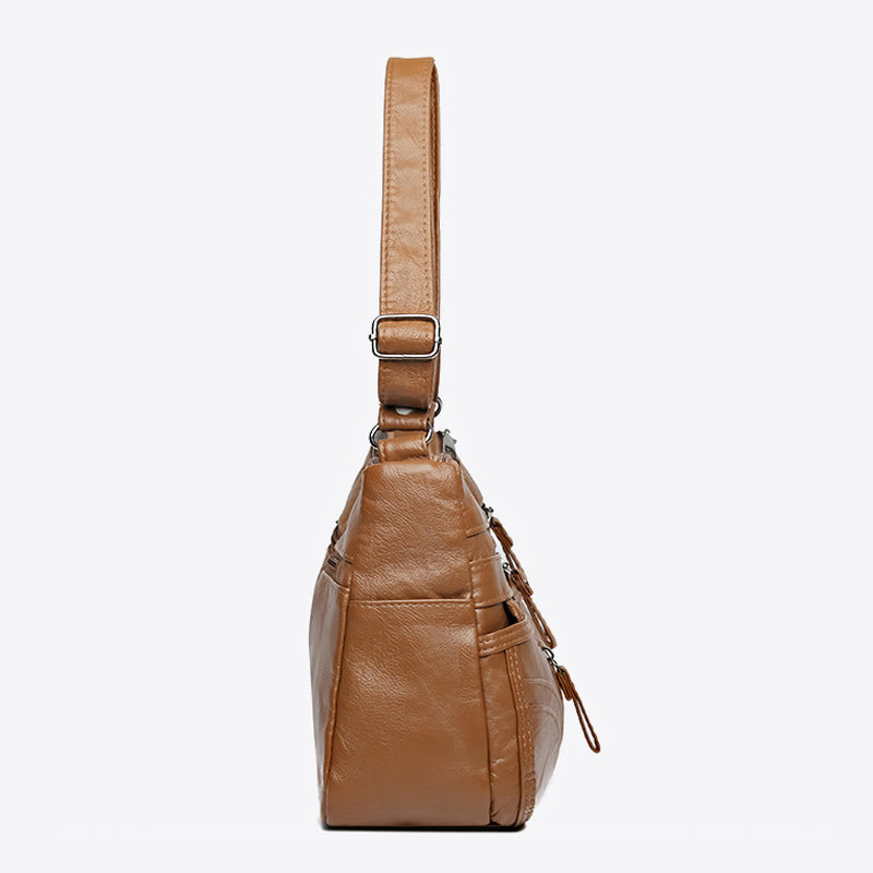 Soft Leather Shoulder Bag with Multiple Zip Pockets