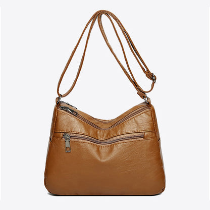 Soft Leather Shoulder Bag with Multiple Zip Pockets