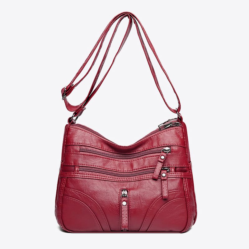 Soft Leather Shoulder Bag with Multiple Zip Pockets