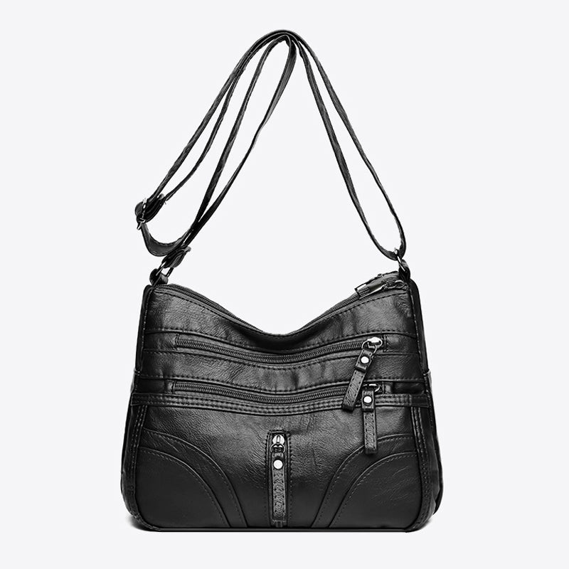 Soft Leather Shoulder Bag with Multiple Zip Pockets