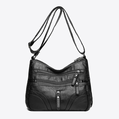 Soft Leather Shoulder Bag with Multiple Zip Pockets