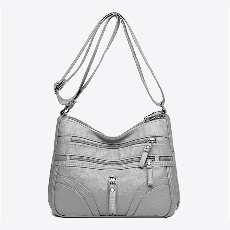 Soft Leather Shoulder Bag with Multiple Zip Pockets