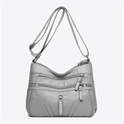 Soft Leather Shoulder Bag with Multiple Zip Pockets