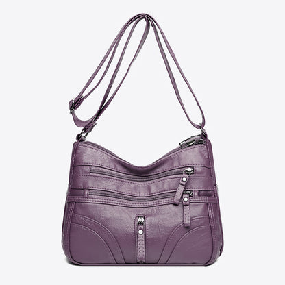 Soft Leather Shoulder Bag with Multiple Zip Pockets