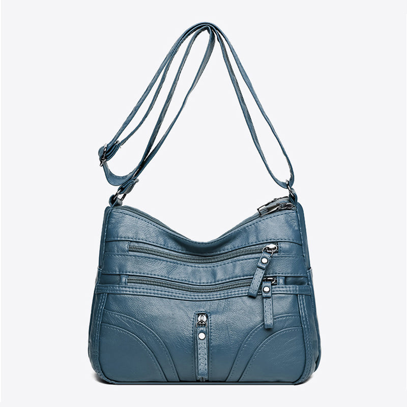 Soft Leather Shoulder Bag with Multiple Zip Pockets