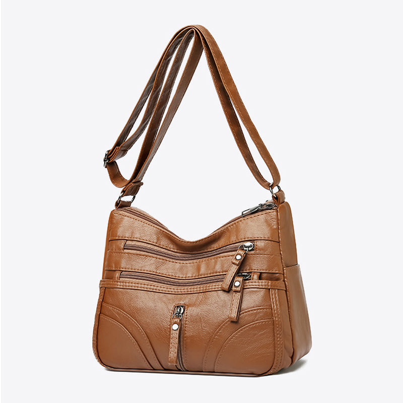 Soft Leather Shoulder Bag with Multiple Zip Pockets