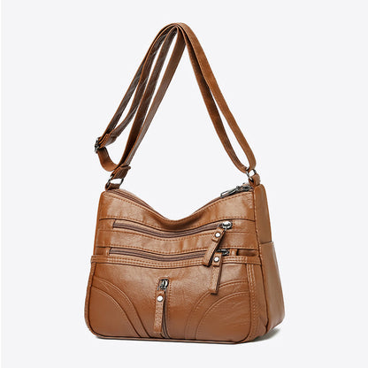 Soft Leather Shoulder Bag with Multiple Zip Pockets
