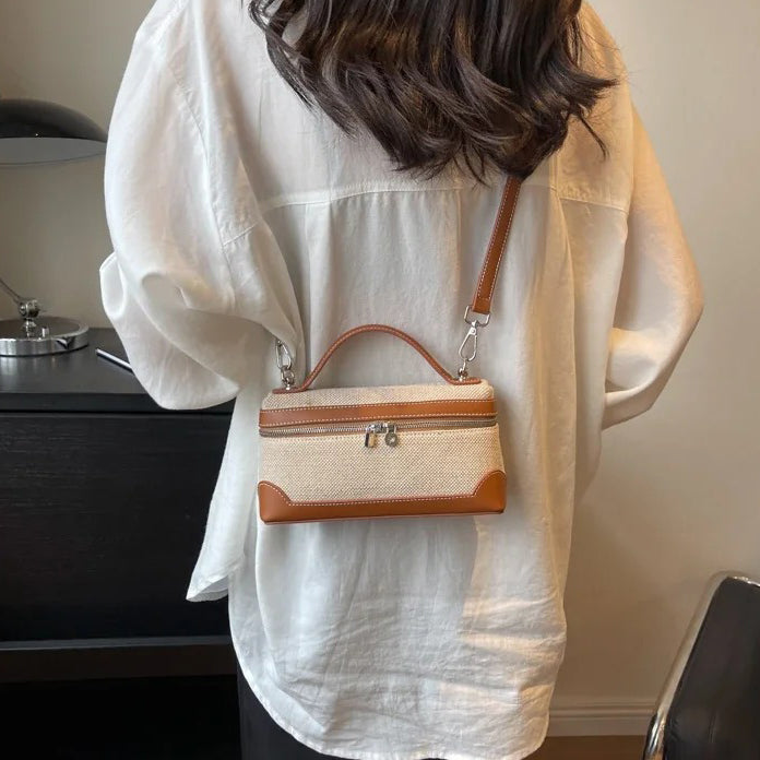 Structured Canvas Crossbody Bag with Leather Trim and Silver Hardware