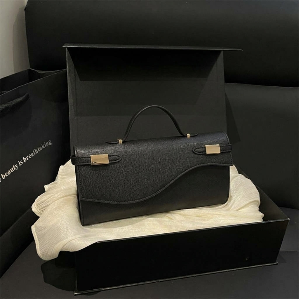 Structured Leather Shoulder Bag with Wave Flap and Gold Hardware