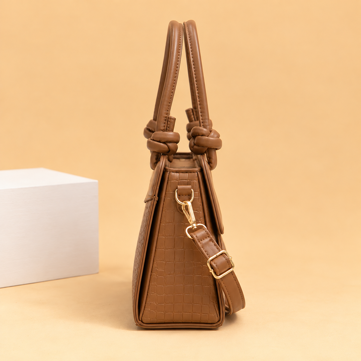 Structured Leather Top Handle Bag with Crocodile Print and Knot Detail