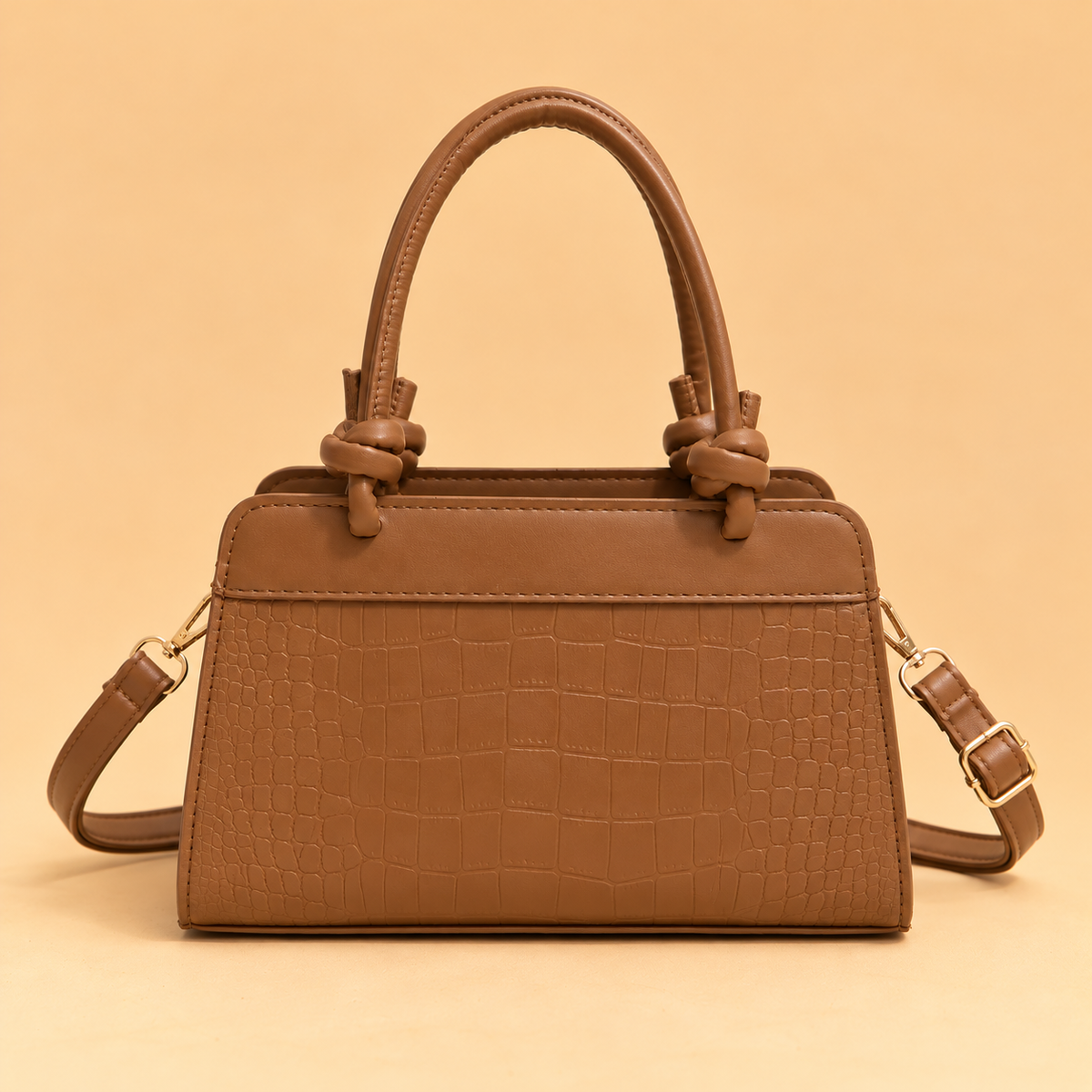 Structured Leather Top Handle Bag with Crocodile Print and Knot Detail