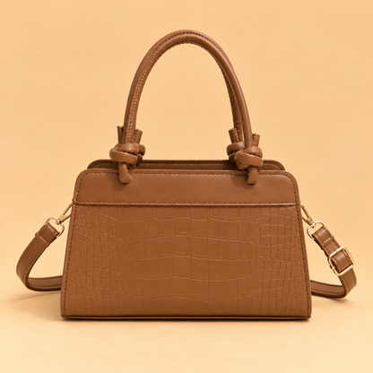 Structured Leather Top Handle Bag with Crocodile Print and Knot Detail